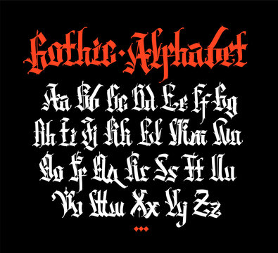 Gothic, English alphabet. Medieval Latin letters. Uppercase and lowercase letters. Signs and symbols for tattoos. Ancient European style. Calligraphy and lettering. Complete alphabet.