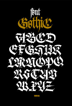 Gothic. Uppercase and lowercase white letters on a black background. Beautiful and stylish calligraphy. Elegant European typeface for tattoo and design. Medieval Germanic modern style.