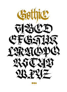 Gothic.  Capital letters on a white background. Stylish calligraphy. Elegant european font for design. Medieval modern style. Font for fabric, packaging and streetwear.