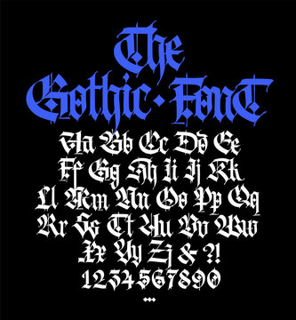 Gothic. Uppercase and lowercase letters on a black background. Beautiful and stylish calligraphy. Beautiful European font for tattoo. Medieval modern style. Letters and numbers.