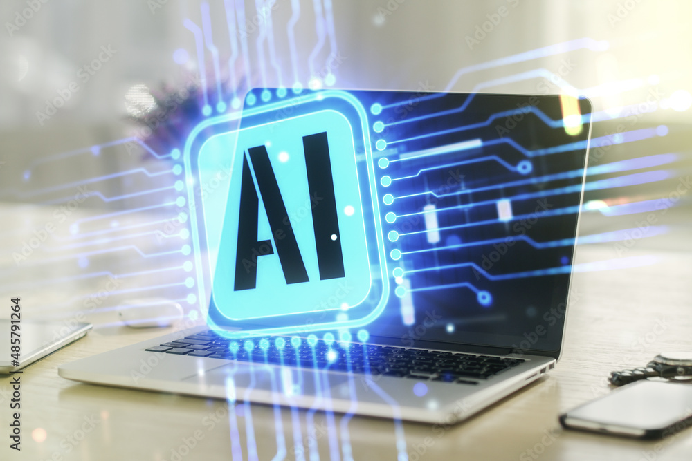 Poster double exposure of creative artificial intelligence icon with modern laptop on background. neural ne