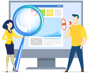 Man standing with loudspeaker, advertising website. Marketer presents design of profile in social network. Businesswoman enlarges website on screen using magnifier. People work in marketing
