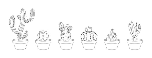 Cactus Doodle Vector. Set of hand drawn cactus plants in a cartoon style. Line art with no fill. Cactus plant in a flower pot. Potted house plants. Isolated on white background.