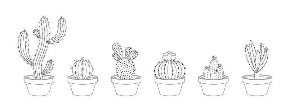Cactus Doodle Vector. Set of hand drawn cactus plants in a cartoon style. Line art with no fill. Cactus plant in a flower pot. Potted house plants. Isolated on white background.