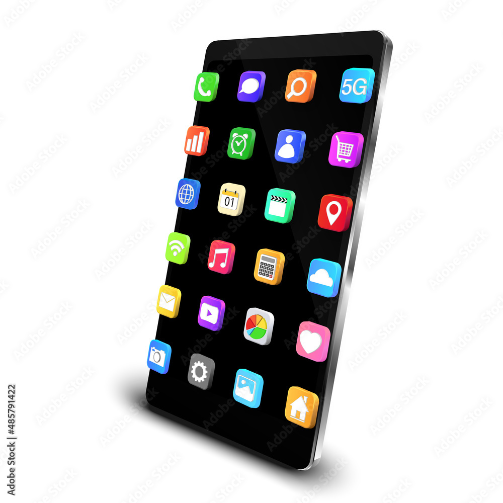 Poster mobile or smartphone with application icons isolated on white background as new technology concept. 