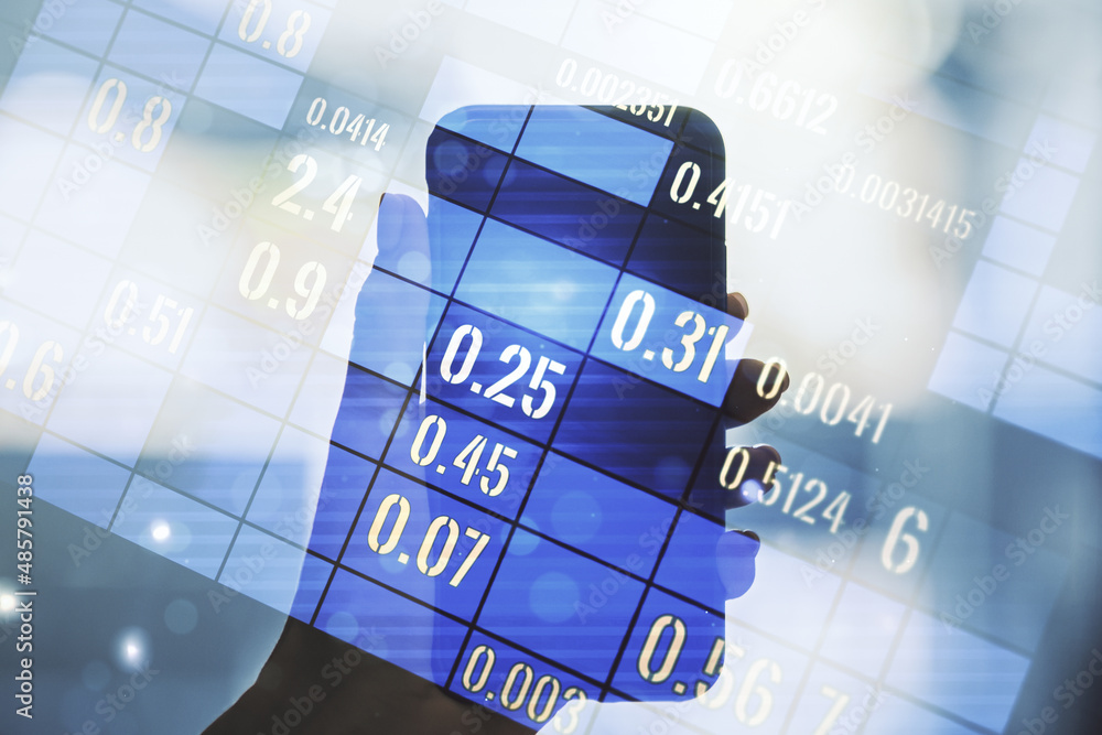 Poster abstract creative analytics data spreadsheet and hand with mobile phone on background, analytics and