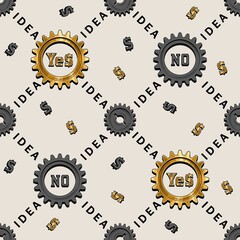 Seamless staggered geometric pattern with diagonal grid with grey, gold gears, dollar symbol and text. Concept of searching and finding successful ideas.