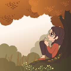 illustration of a girl at autumn forest