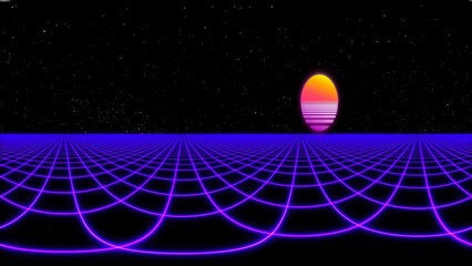 Equirectangular projection of a retrofuturistic seamless animation of a grid laser landscape with a synthwave sun in the background. 360 degrees panorama for environment map. - Powered by Adobe
