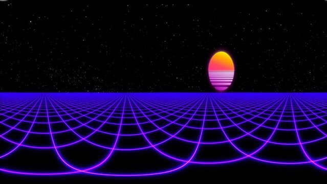 Equirectangular projection of a retrofuturistic seamless animation of a grid laser landscape with a synthwave sun in the background. 360 degrees panorama for environment map.