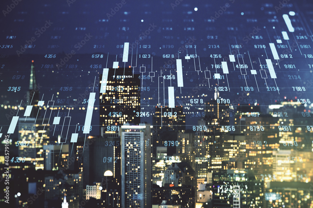 Poster multi exposure of abstract statistics data hologram interface on san francisco office buildings back