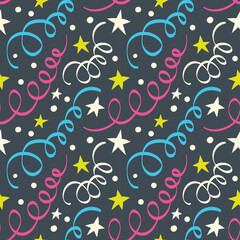 Seamless pattern with serpentine and confetti on a black background.