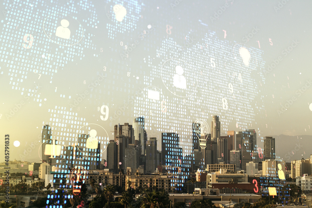 Aufkleber double exposure of social network icons interface and world map on los angeles office buildings back