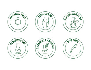 paraben-free, 100% detox, SLS SDS free, mineral oil, chemically proven, phthalate-free, dye-free icon set vector illustration 