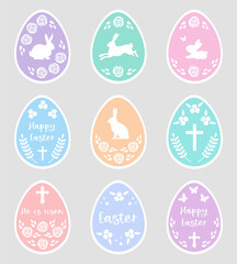 Easter eggs stickers with flowers, bunny, religious cross and text. Easter sticker set in pastel colors. 