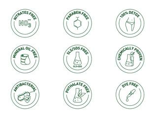 icon set of nitrate-free, SLS SDS, paraben-free, 100% detox, mineral oil, chemically proven, antibacterial, phthalate-free, dye-free icon set vector illustration 
