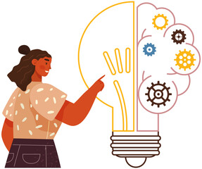 Woman creates new business idea. Female character near light bulb with gears. Creation of optimal solution, development of creative thinking, strategy planning. Mental mindset, imagination concept