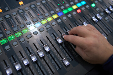 Professional audio mixing console. ​Mixer. Pro audio mixing board faders and knobs. Static shot...