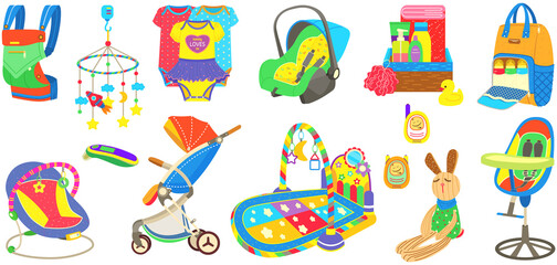 Baby care objects, newborn items supplies, set of icons. Devices for convenient pastime of mother with child. Clothing for children, educational, developing toys and items for transporting baby