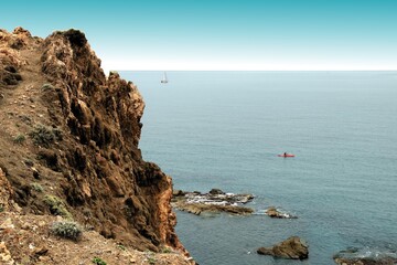 Coal Creek, tongues of lava eroded by the sea, the auto clastic gaps or pyroclastic andesite, beachs, cliffs, the Natural Park of Cabo de Gata, Almería, Andalusia, spain,