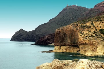 Coal Creek, tongues of lava eroded by the sea, the auto clastic gaps or pyroclastic andesite, beachs, cliffs, the Natural Park of Cabo de Gata, Almería, Andalusia, spain,