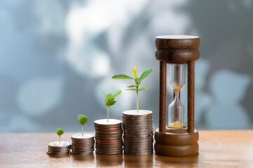 Young plant on coin stacks with hourglass, concept for saving money, investment, and financecial.