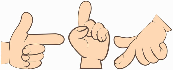 Cartoon hands set. Different gestures with fingers pointing, attention, fist, thumbs up. Isolated vector illustration. Human hand expresses signals, actions and emotions, signs and impressions