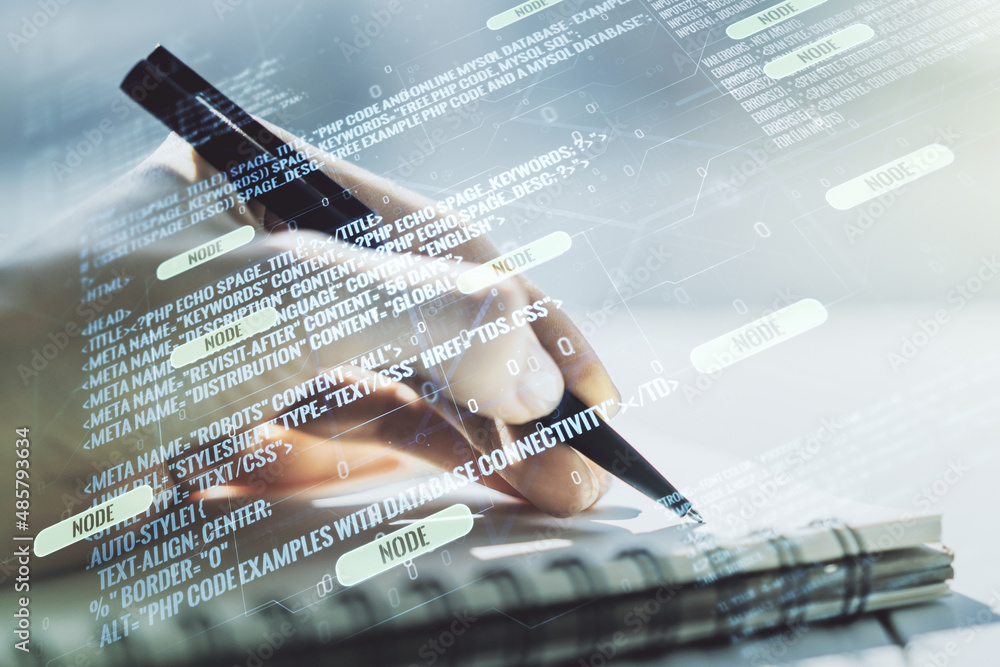 Poster double exposure of abstract programming language with man hand writing in notebook on background, re