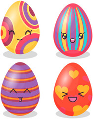 Easter eggs stickers kawaii icon vector design. Adorable decorated holiday eggs with positive emotions, japanese culture symbol anime. Sweet smiling faces, facial expressions in cute oriental style
