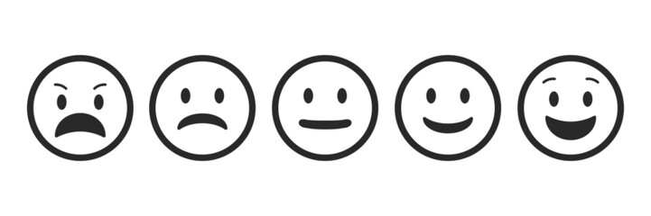 Very happy, happy, neutral, sad and angry icon. Icon set vector illustration on outline style