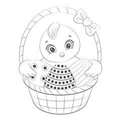 Cute Easter chicken with eggs. Happy Easter. Fun character. Cartoon style. Coloring book. Vector illustration. Isolated on white. Monochrome image