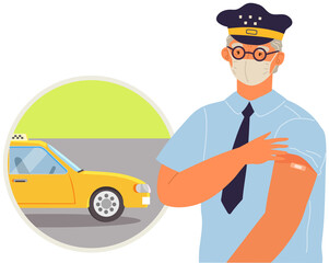 Elderly police officer wearing protective medical mask showing arm with bandage after receiving covid-19 vaccine. Concept of vaccination, health, immunization, healthcare, fight against coronavirus