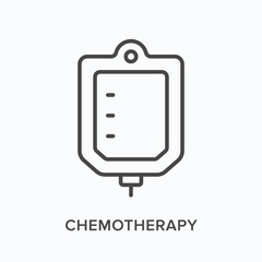 Chemotherapy flat line icon. Vector outline illustration of iv bag. Black thin linear pictogram for cancer healthcare