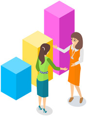 Analytic workers looking at dynamics of bar chart change. Employees analyze statistical indicators, discuss growing graph. Female characters work with financial research, business data analysis