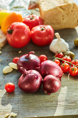 Onions, sausage and other vegetables and spices. Cooking at home or in a restaurant. Organic food products.