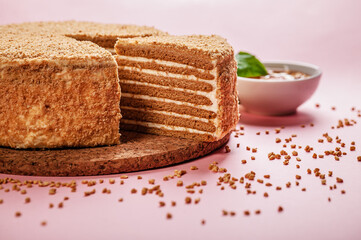 Food banner. Homemade honey cake with sour cream on a pink background. Homemade tasty sweet pastry. Copy space