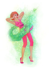 Money flying away from young attractive woman. Illustration on watercolor background.green, pink, gir