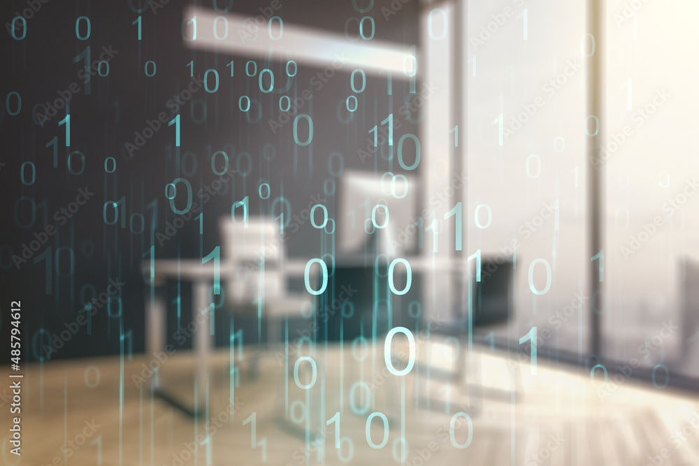 Poster creative abstract binary code hologram and modern desktop with pc on background, ai and machine lear