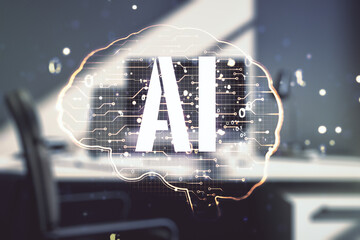 Double exposure of creative human brain microcircuit and modern desk with computer on background....