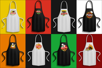 Set of aprons with pizzeria logos. Clothes for work in kitchen, protective element of clothing for cooking. Apron for cooking in kitchen and protection of clothes. Preparing pizza in restaurant - obrazy, fototapety, plakaty