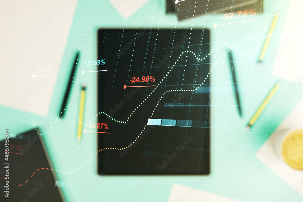 Poster multi exposure of abstract graphic data spreadsheet sketch and modern digital tablet on desktop on b