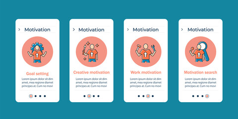 Motivation onboarding mobile app screens. Goals setting, personal control and emotional state. Inspiration steps menu. Set of UI, UX, web template with RGB color linear icons