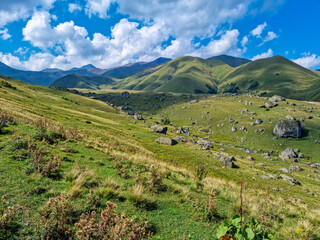 A panoramic view on the alpine pasture of a valley near the village in Roshka in the Greater Caucasus Mountain Range in Georgia, Kazbegi Region. Landscape with green hills. Wanderlust.