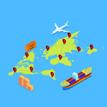 Shipping vector concept. Airplane and ship delivering export packages on the worldwide with location pins on the world map