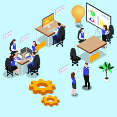 Teamwork vector concept. Group of business people discussing in the office while working together