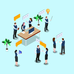 Teamwork vector concept. Group of business people looks busy while working in the office with light bulb