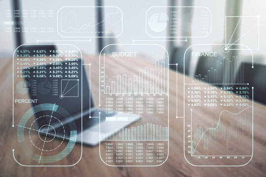 Abstract creative analytics data spreadsheet on modern computer background, analytics and analysis concept. Multiexposure