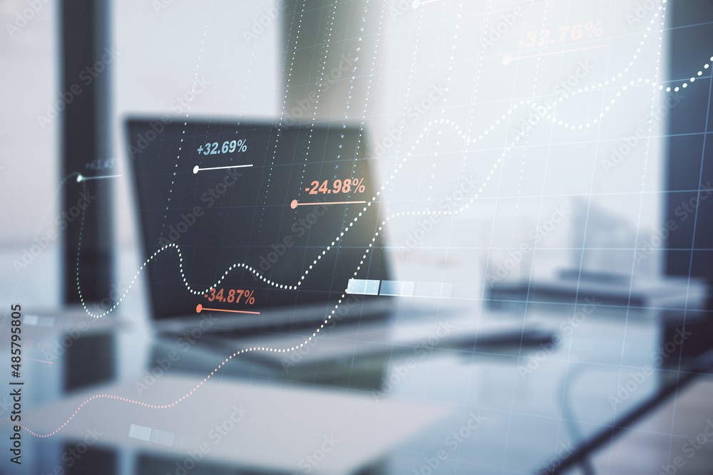 Poster double exposure of abstract creative statistics data hologram on computer background, analytics and 