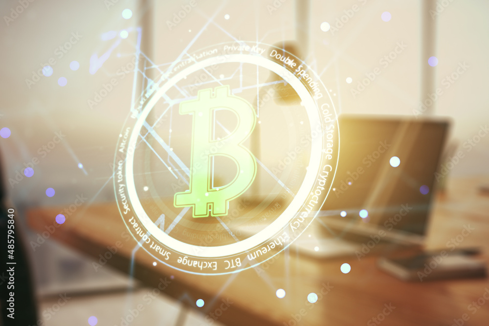 Poster Double exposure of creative Bitcoin symbol hologram with computer on background. Mining and blockchain concept