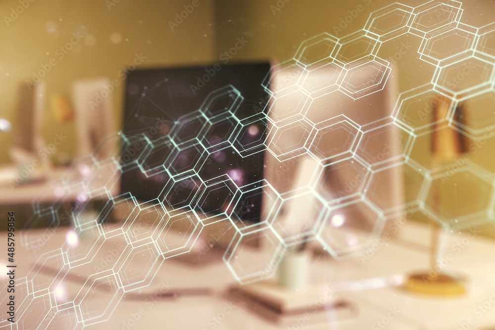 Poster creative concept of wireless technology with hexagon hologram on modern laptop background. big data 
